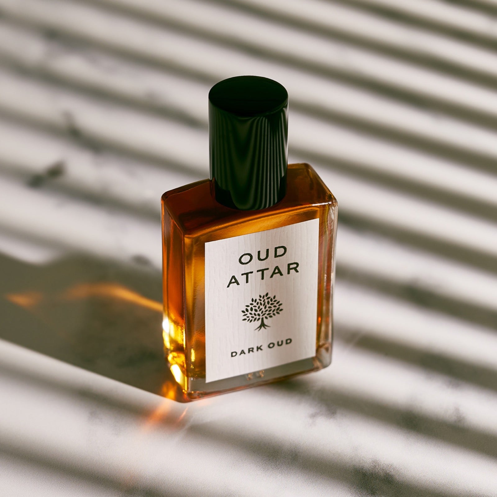 Dark Oud attar in slatted autumn light